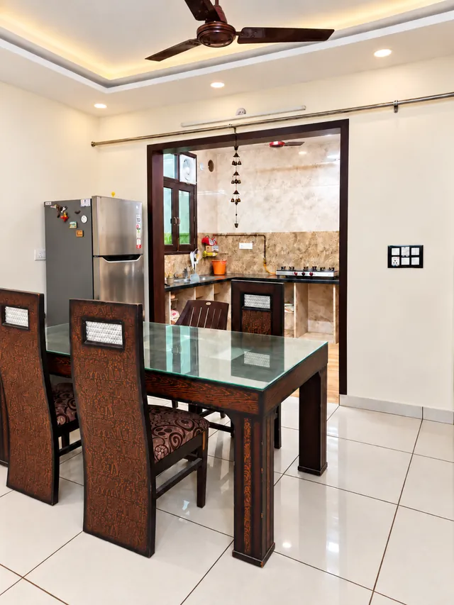 Dining table overlooking the shared kitchen